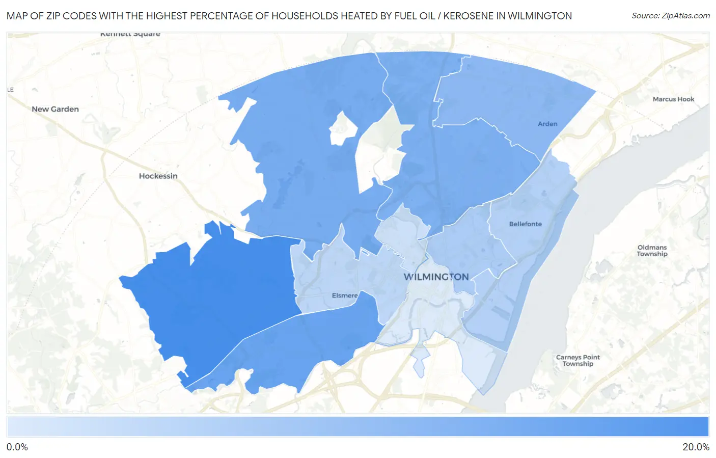 Zip Codes with the Highest Percentage of Households Heated by Fuel Oil / Kerosene in Wilmington Map