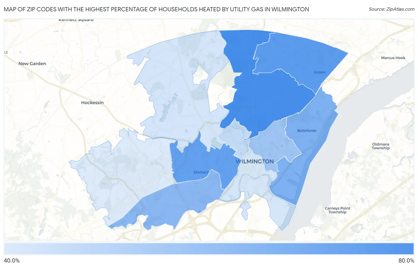 Zip Codes with the Highest Percentage of Households Heated by Utility Gas in Wilmington Map