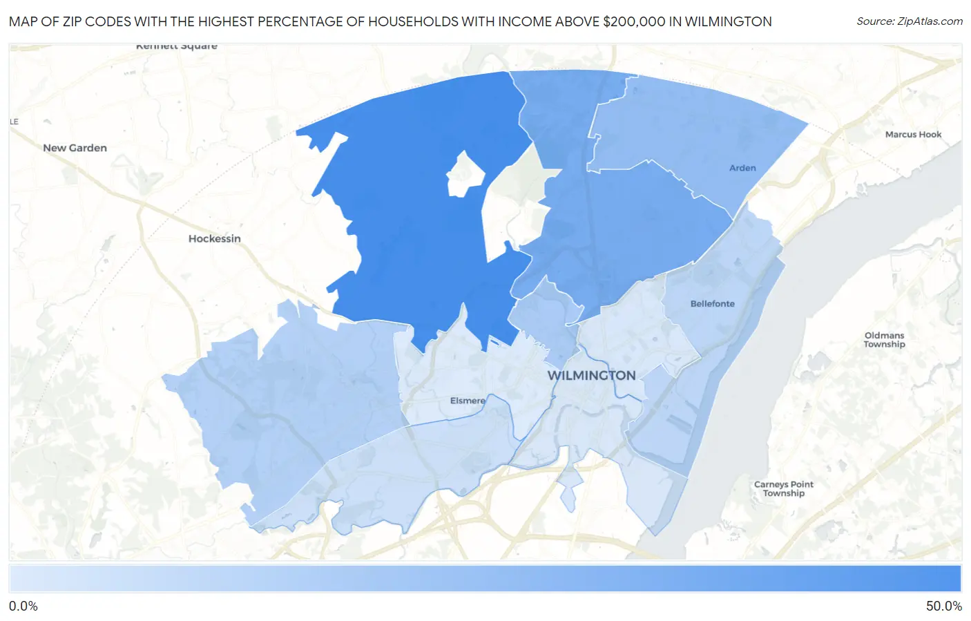 Zip Codes with the Highest Percentage of Households with Income Above $200,000 in Wilmington Map