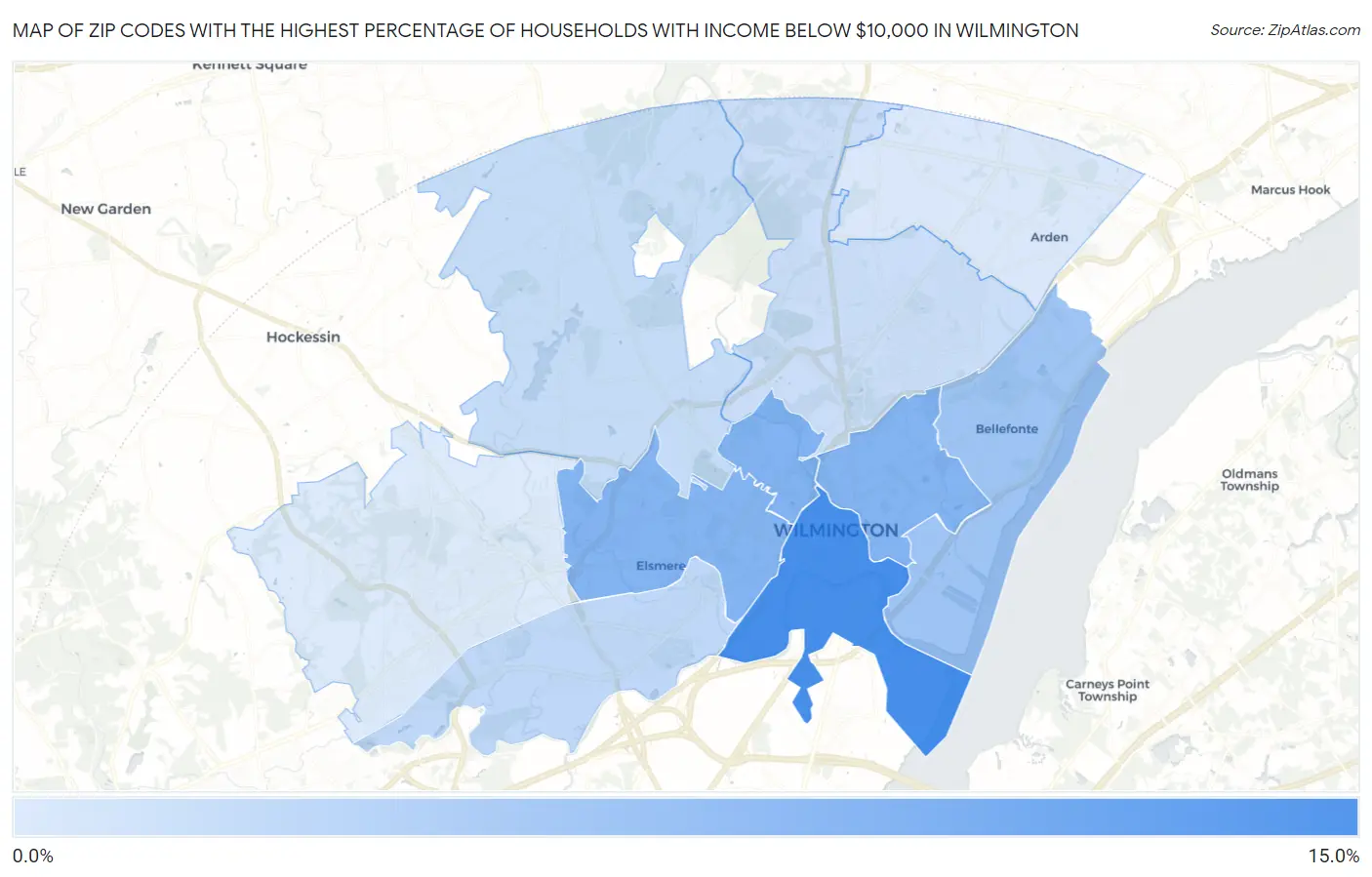 Zip Codes with the Highest Percentage of Households with Income Below $10,000 in Wilmington Map