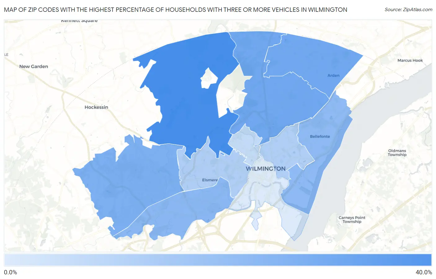 Zip Codes with the Highest Percentage of Households With Three or more Vehicles in Wilmington Map