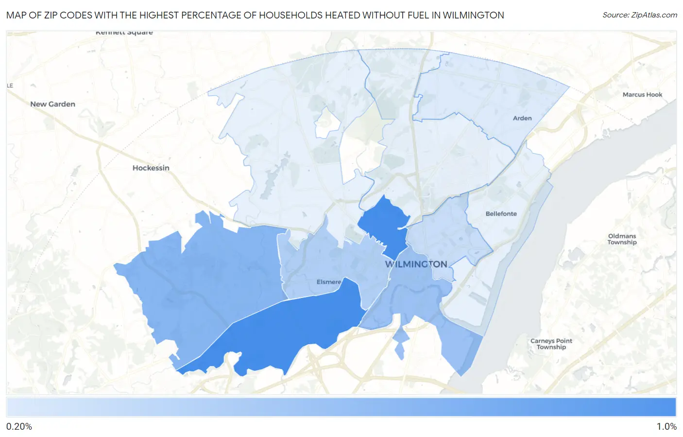 Zip Codes with the Highest Percentage of Households Heated without Fuel in Wilmington Map