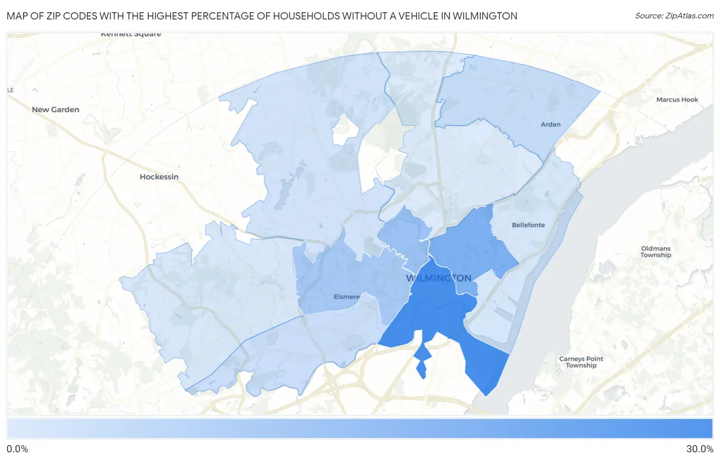 Zip Codes with the Highest Percentage of Households Without a Vehicle in Wilmington Map