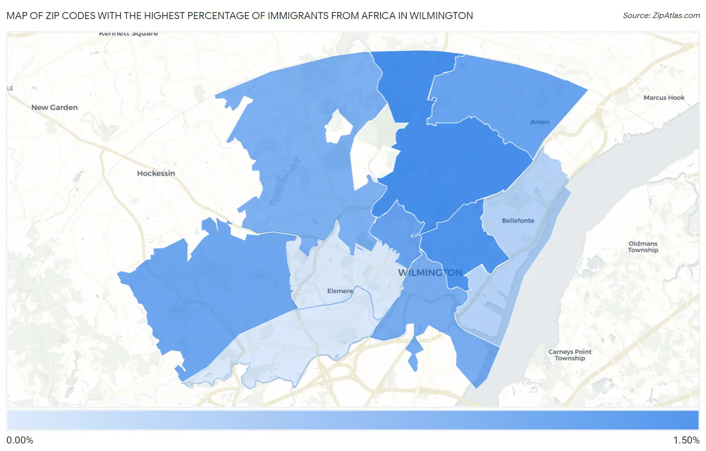 Zip Codes with the Highest Percentage of Immigrants from Africa in Wilmington Map