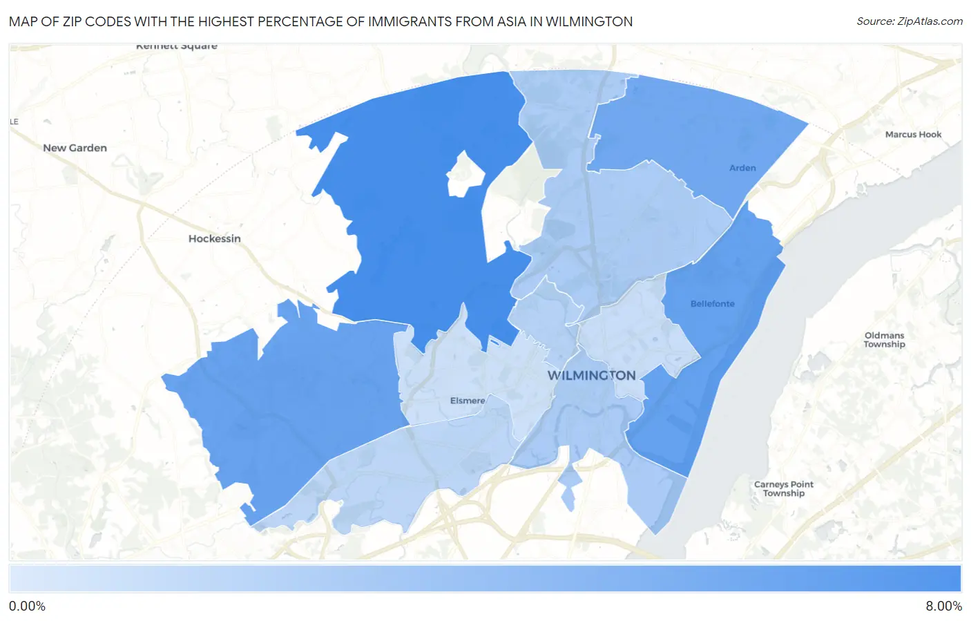 Zip Codes with the Highest Percentage of Immigrants from Asia in Wilmington Map