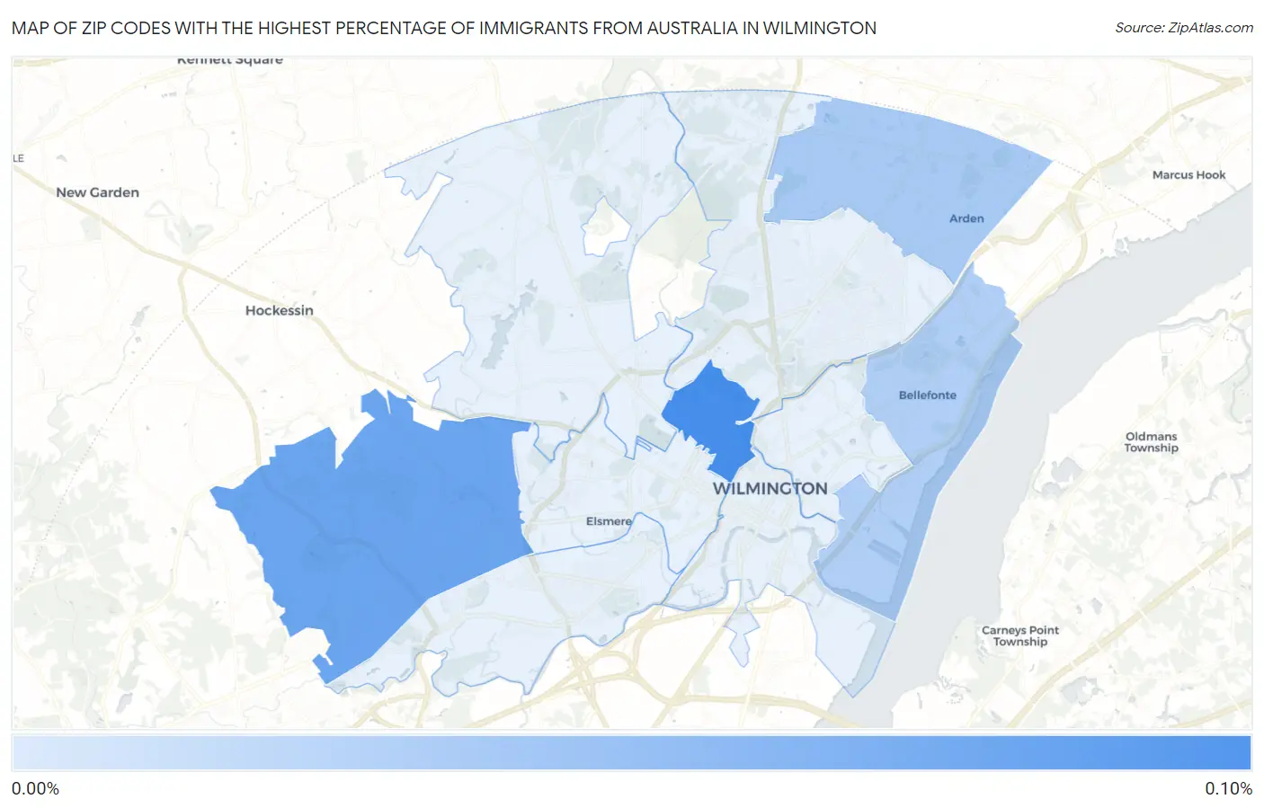 Zip Codes with the Highest Percentage of Immigrants from Australia in Wilmington Map