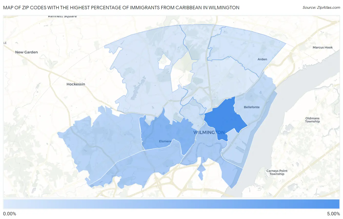 Zip Codes with the Highest Percentage of Immigrants from Caribbean in Wilmington Map