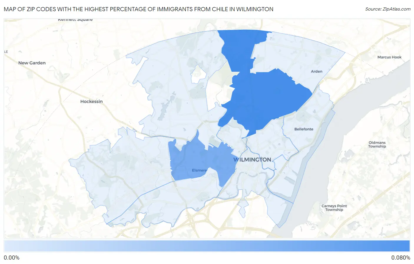 Zip Codes with the Highest Percentage of Immigrants from Chile in Wilmington Map