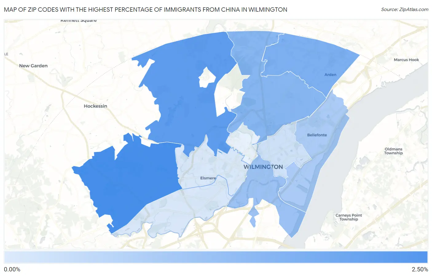 Zip Codes with the Highest Percentage of Immigrants from China in Wilmington Map