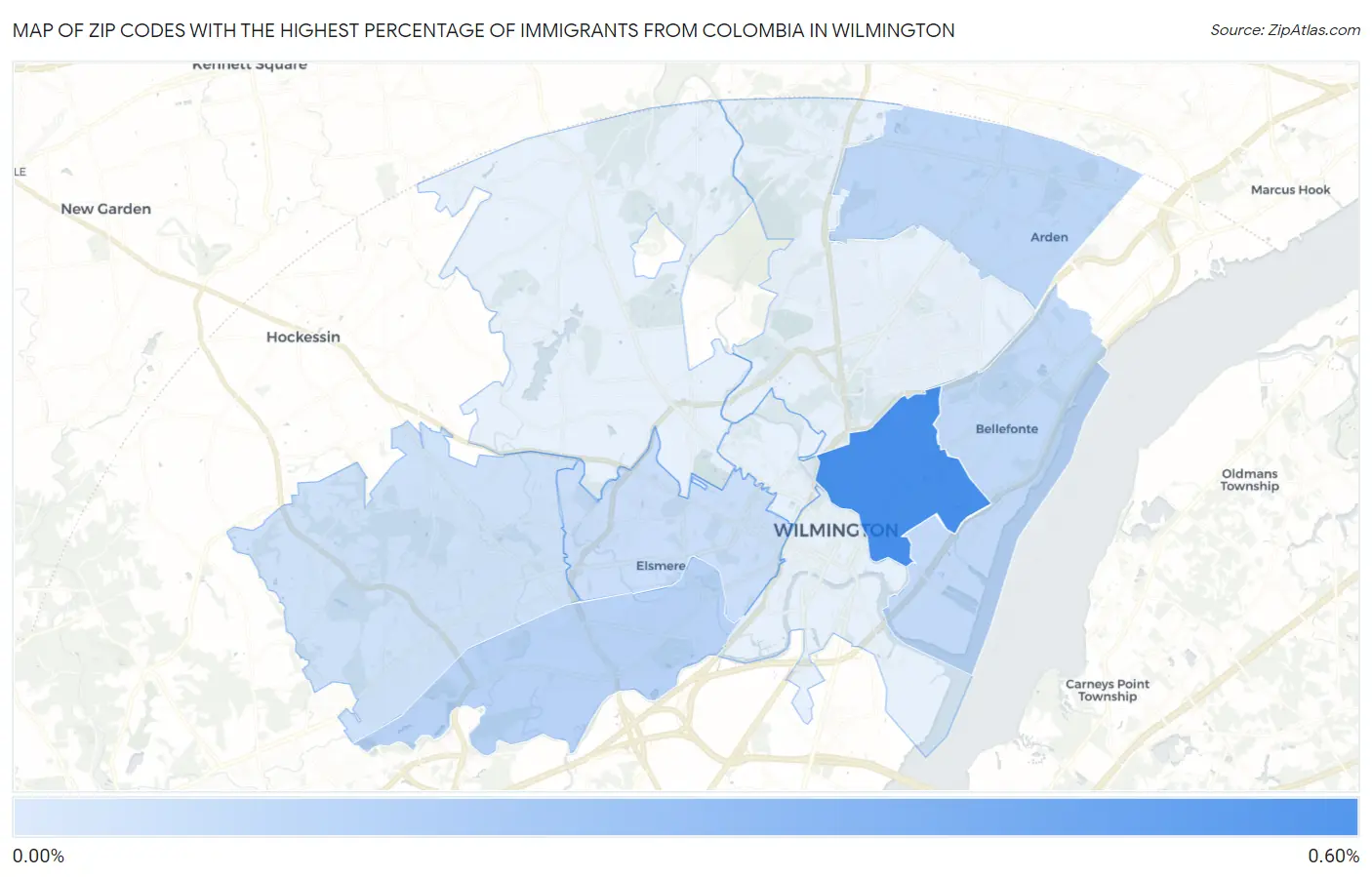 Zip Codes with the Highest Percentage of Immigrants from Colombia in Wilmington Map