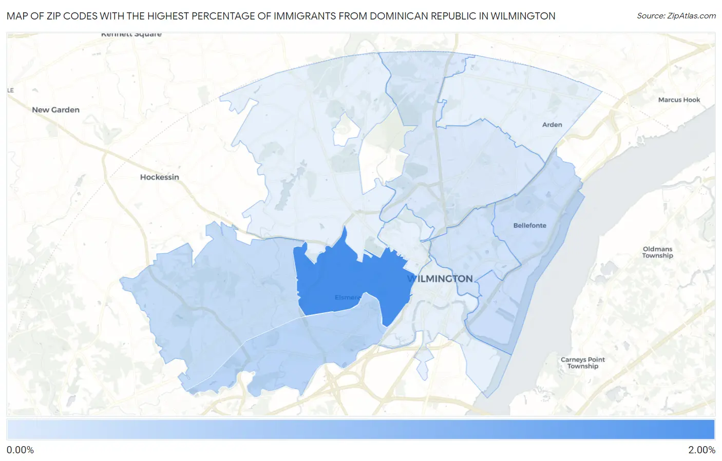Zip Codes with the Highest Percentage of Immigrants from Dominican Republic in Wilmington Map