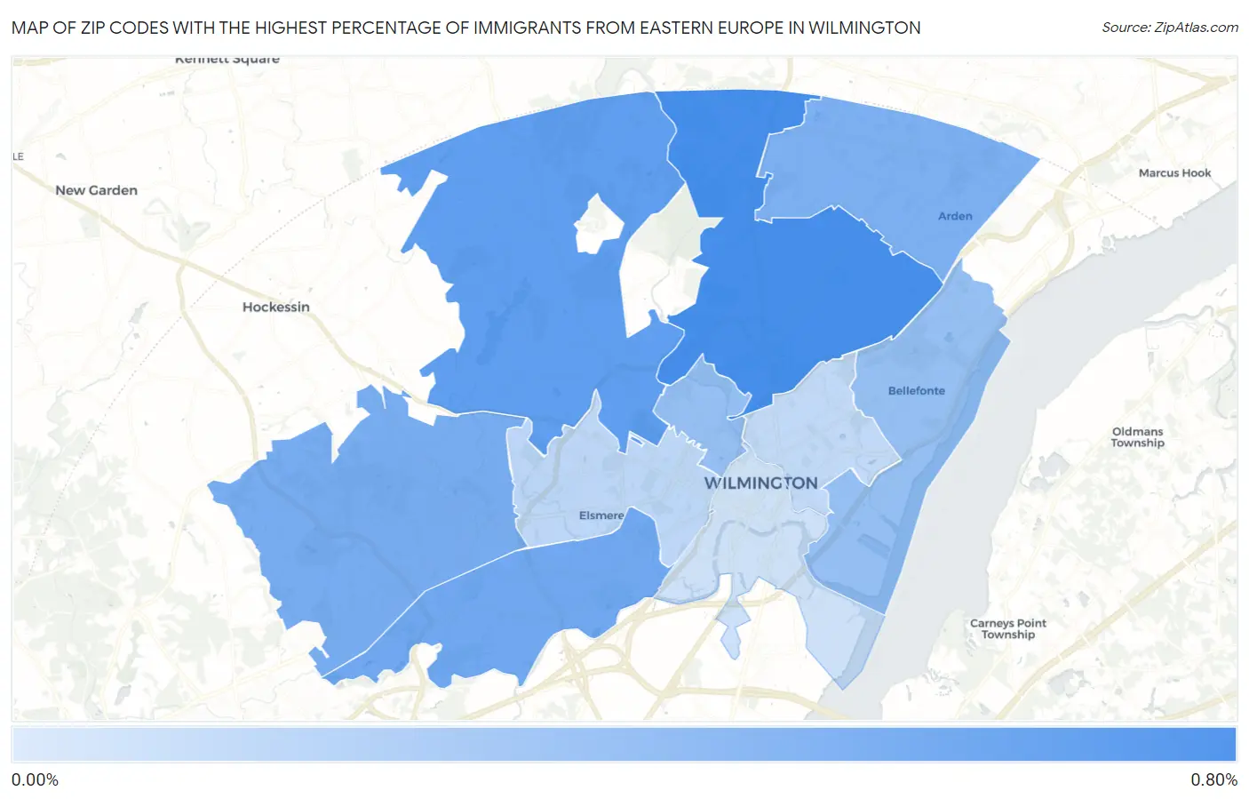 Zip Codes with the Highest Percentage of Immigrants from Eastern Europe in Wilmington Map