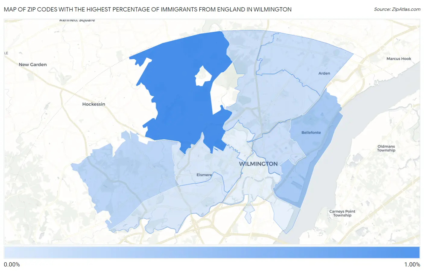 Zip Codes with the Highest Percentage of Immigrants from England in Wilmington Map