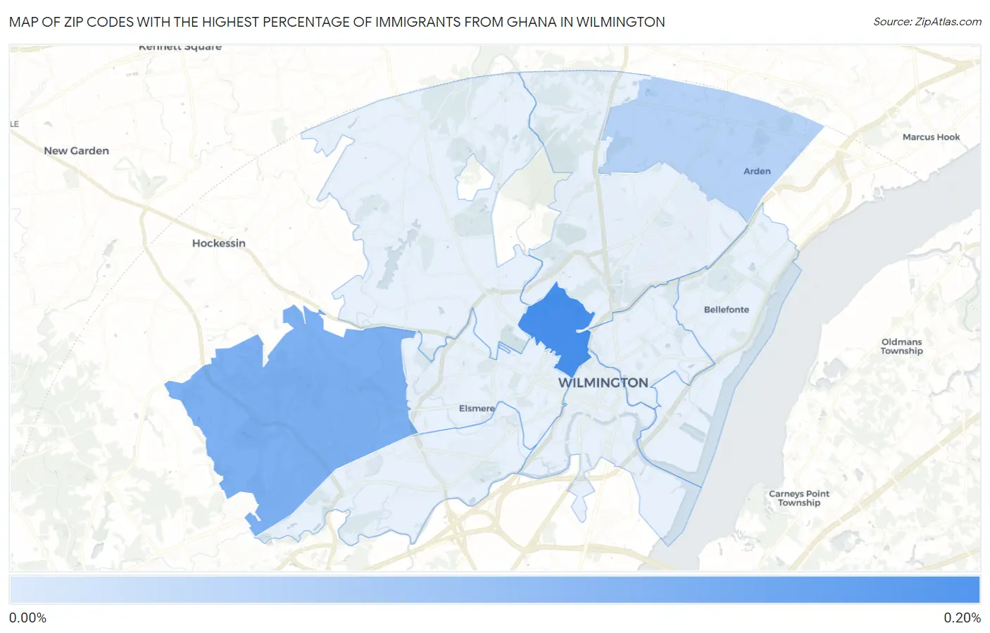 Zip Codes with the Highest Percentage of Immigrants from Ghana in Wilmington Map