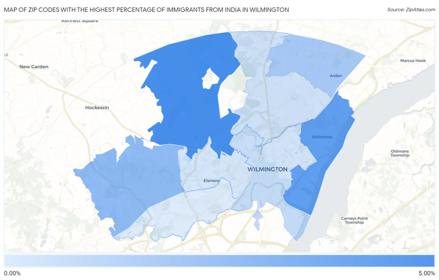 Zip Codes with the Highest Percentage of Immigrants from India in Wilmington Map