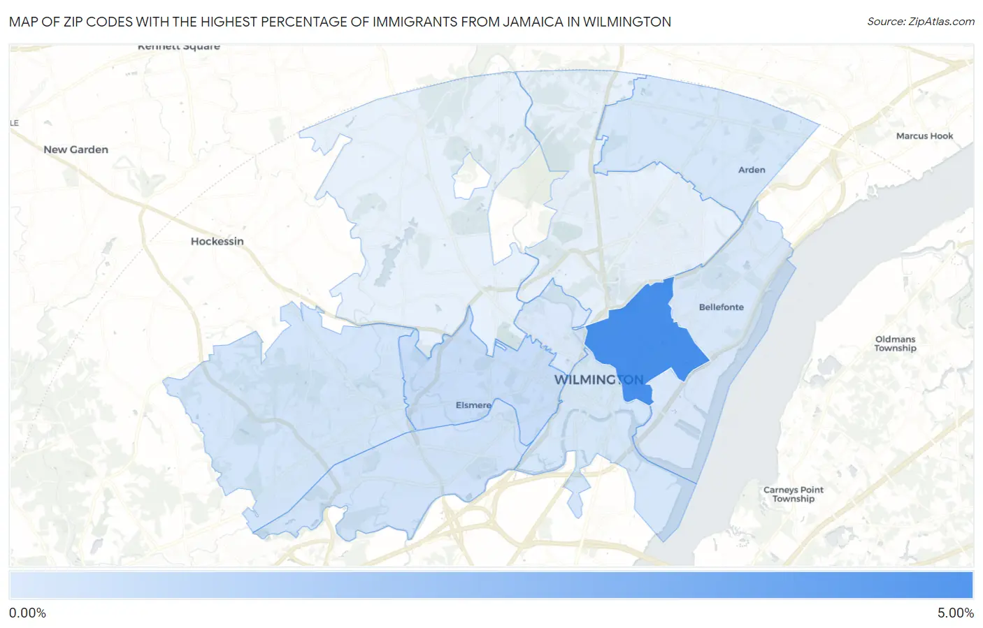 Zip Codes with the Highest Percentage of Immigrants from Jamaica in Wilmington Map