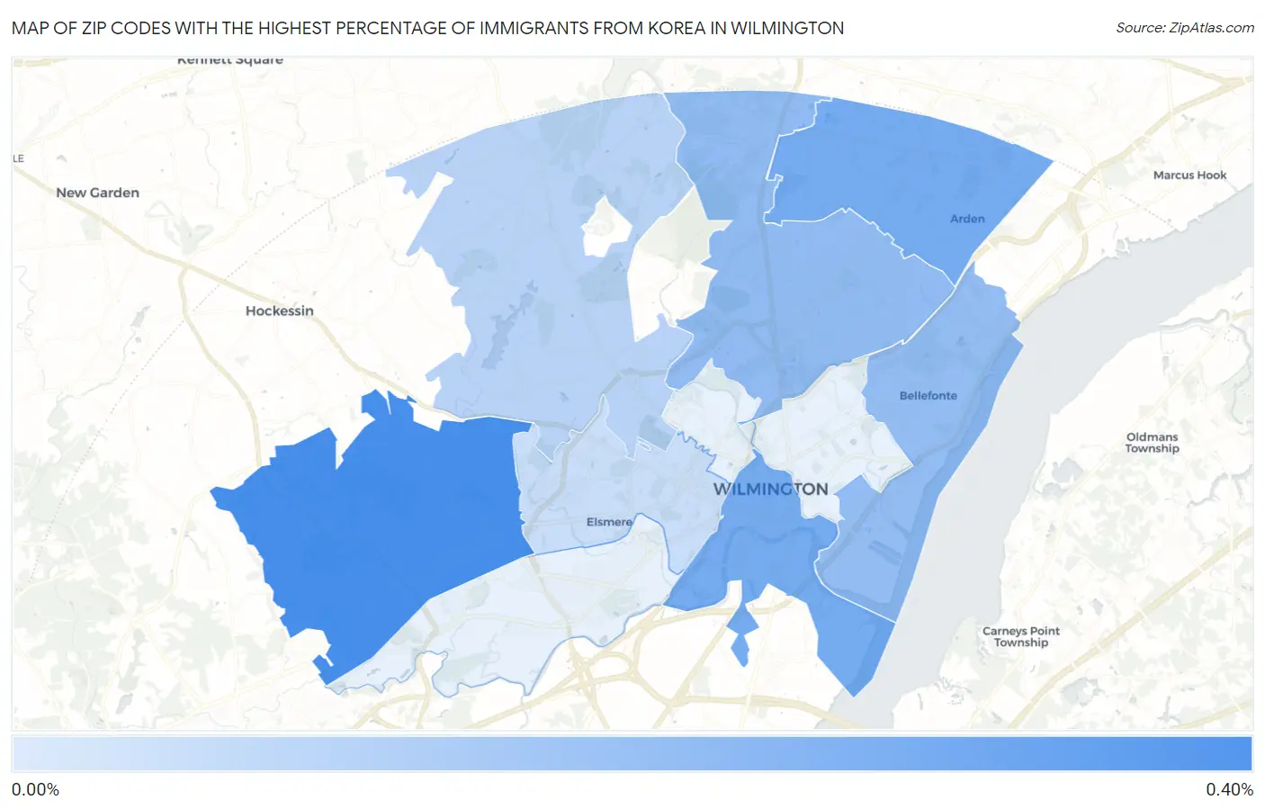 Zip Codes with the Highest Percentage of Immigrants from Korea in Wilmington Map