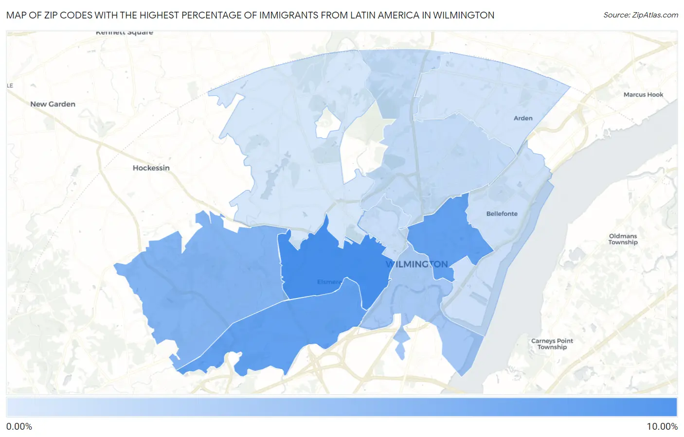 Zip Codes with the Highest Percentage of Immigrants from Latin America in Wilmington Map