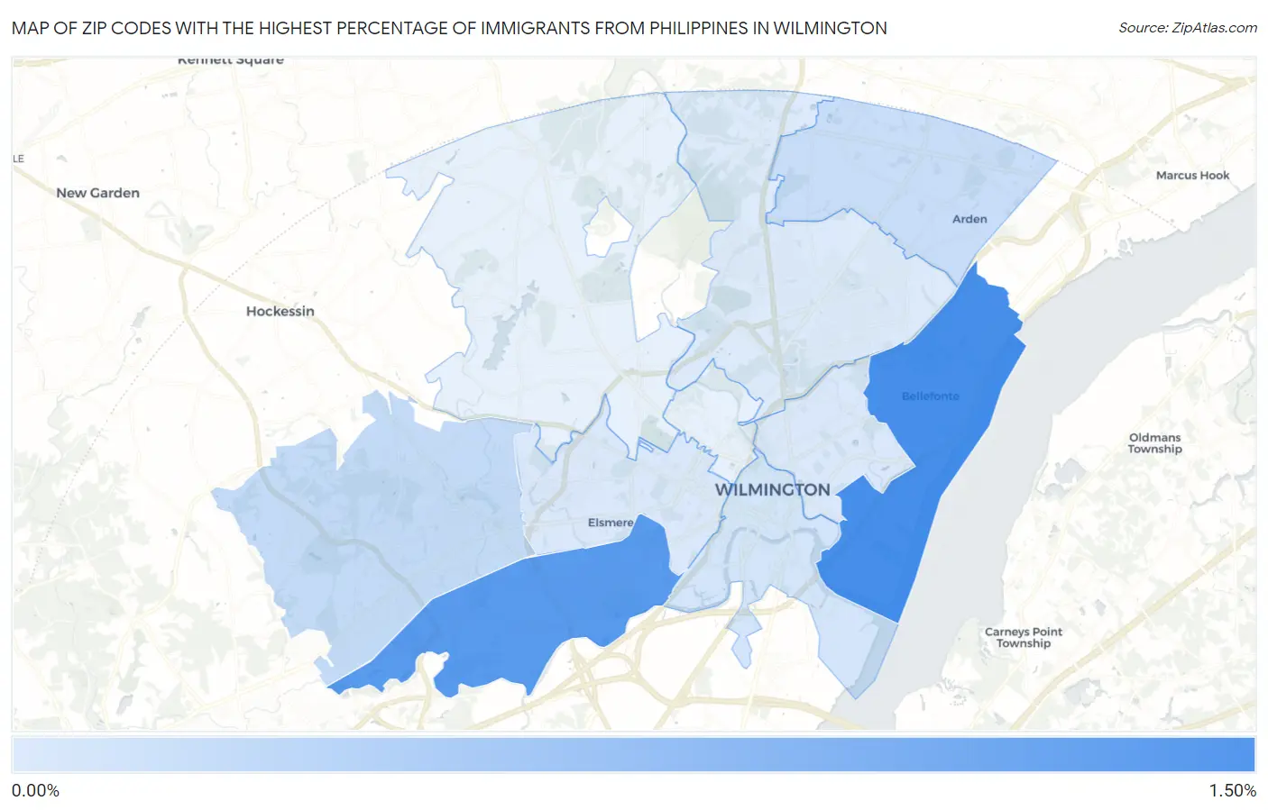 Zip Codes with the Highest Percentage of Immigrants from Philippines in Wilmington Map