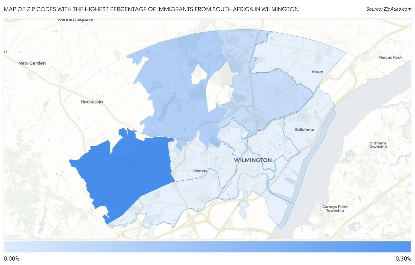 Zip Codes with the Highest Percentage of Immigrants from South Africa in Wilmington Map