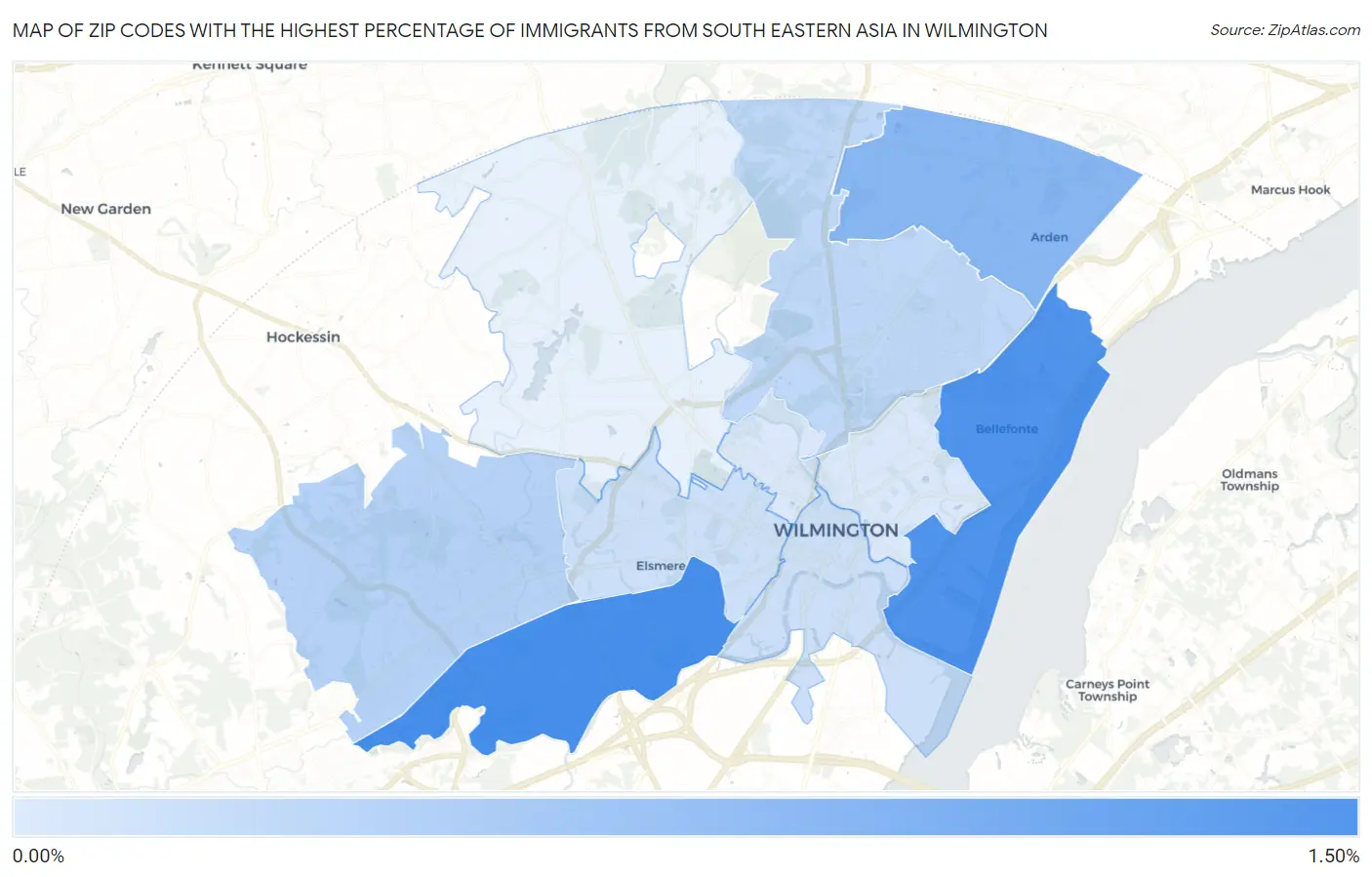 Zip Codes with the Highest Percentage of Immigrants from South Eastern Asia in Wilmington Map