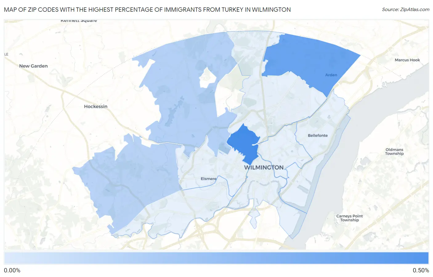 Zip Codes with the Highest Percentage of Immigrants from Turkey in Wilmington Map