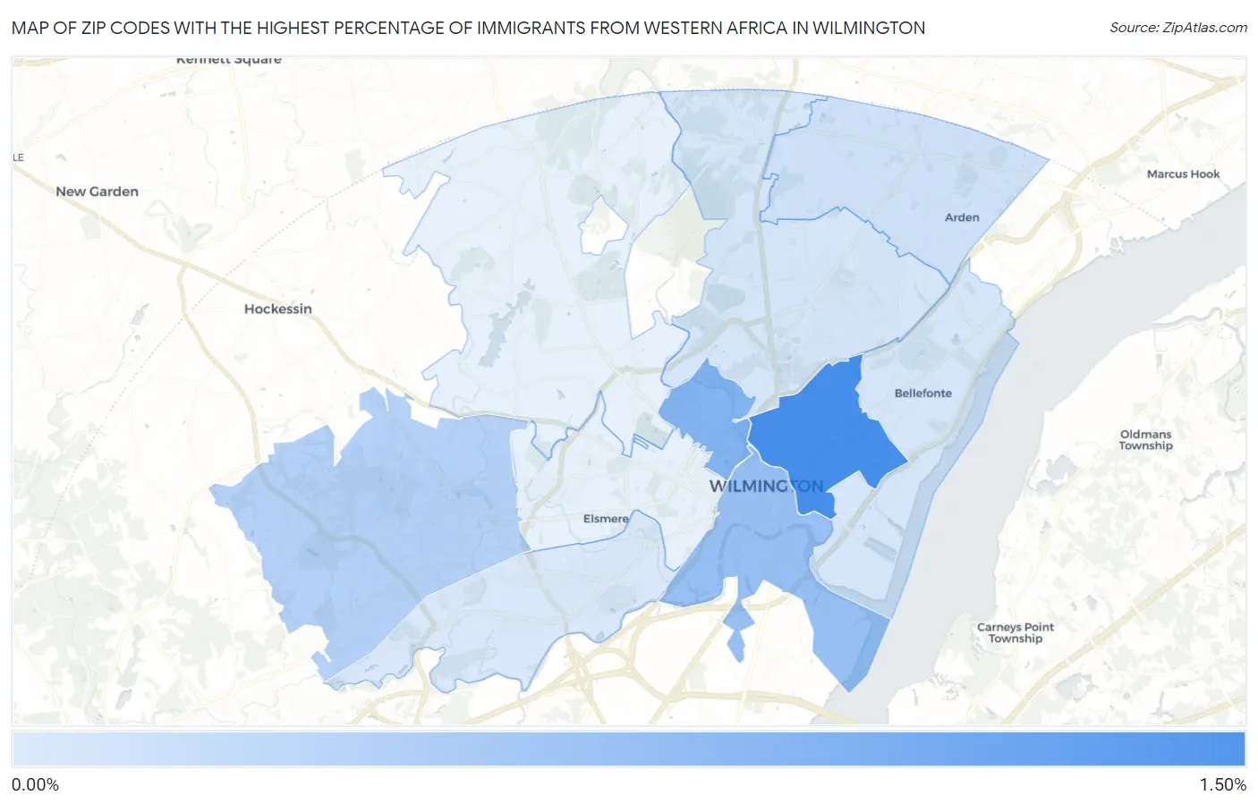 Zip Codes with the Highest Percentage of Immigrants from Western Africa in Wilmington Map