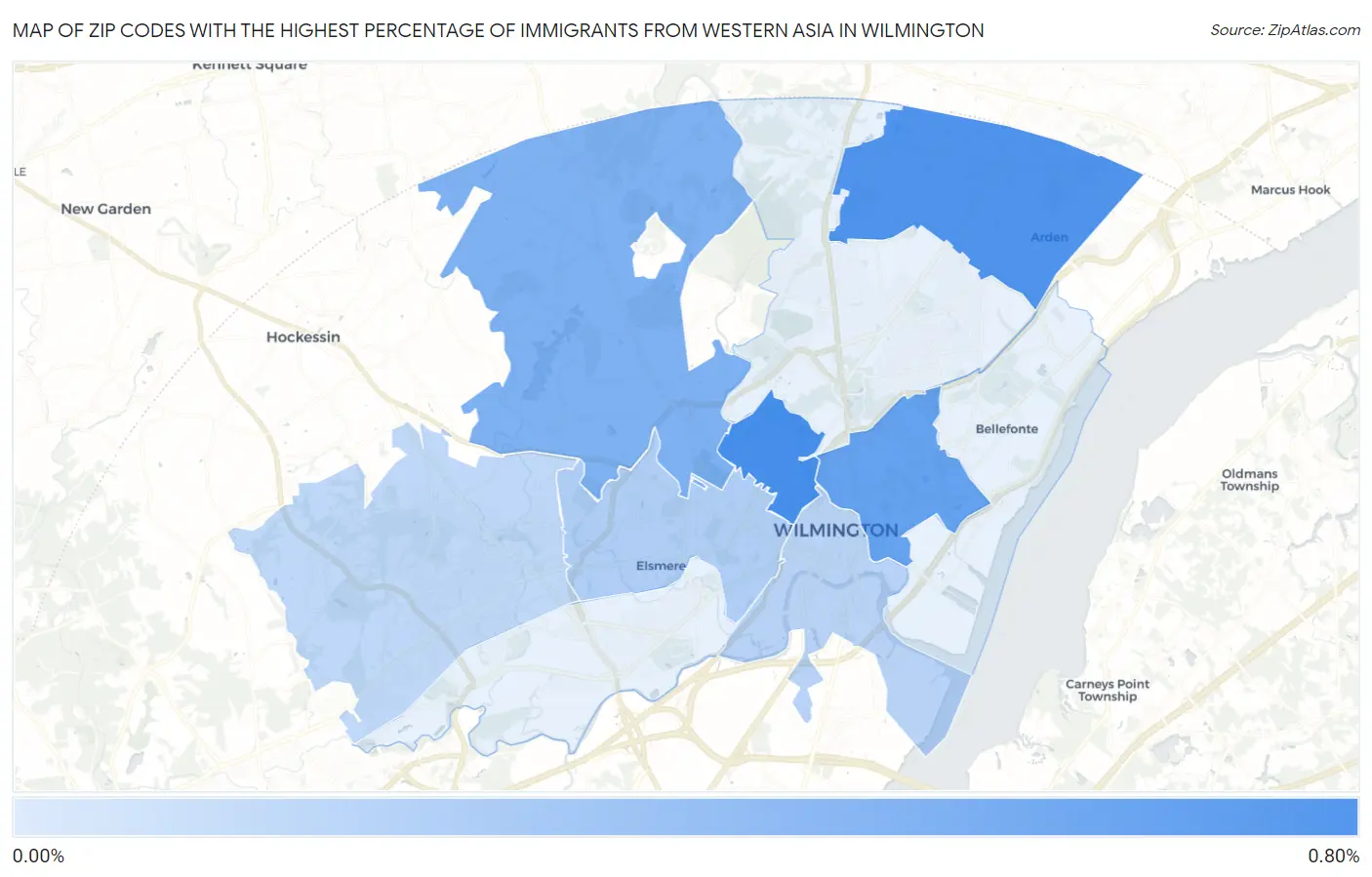 Zip Codes with the Highest Percentage of Immigrants from Western Asia in Wilmington Map