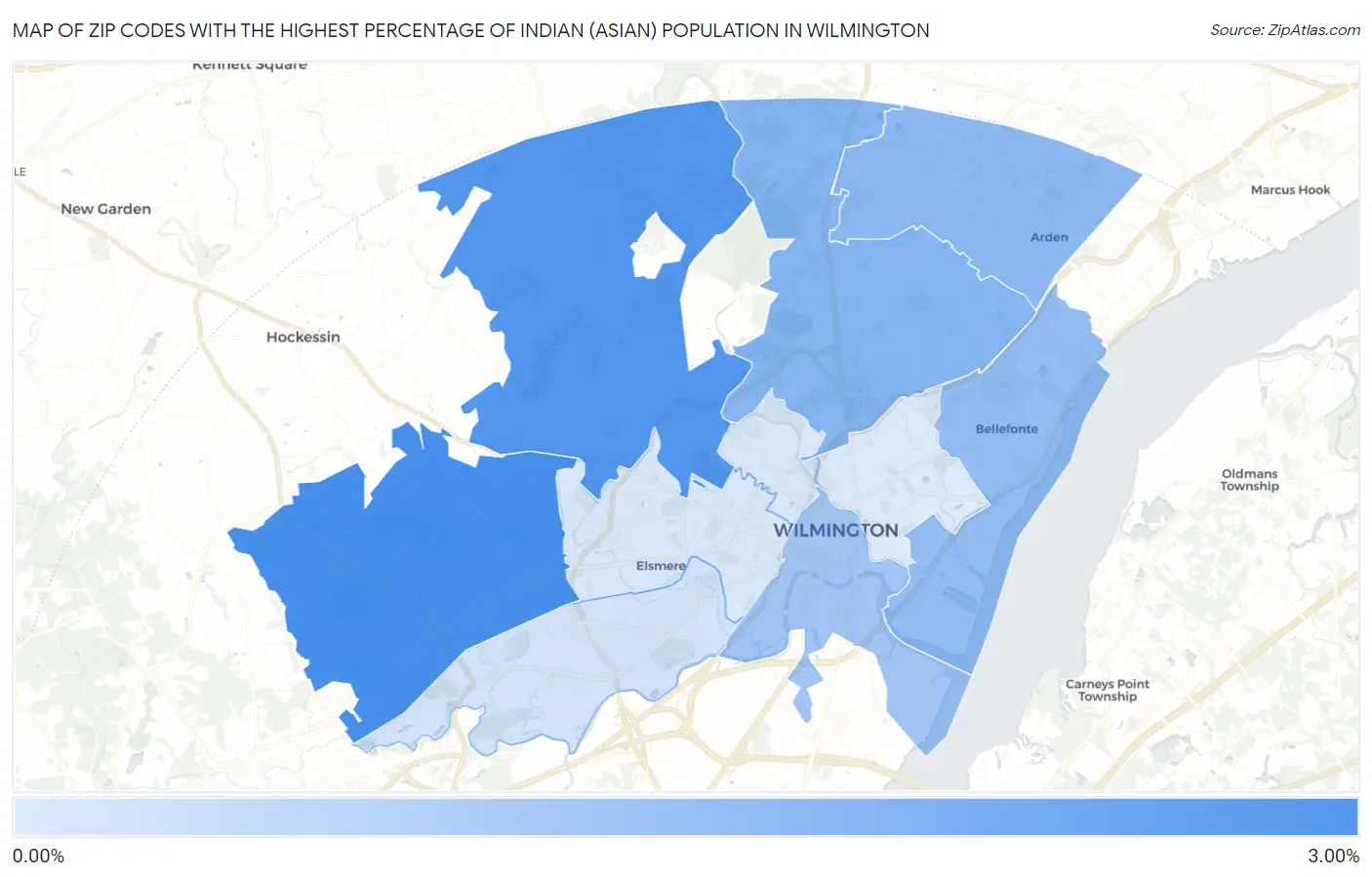 Zip Codes with the Highest Percentage of Indian (Asian) Population in Wilmington Map