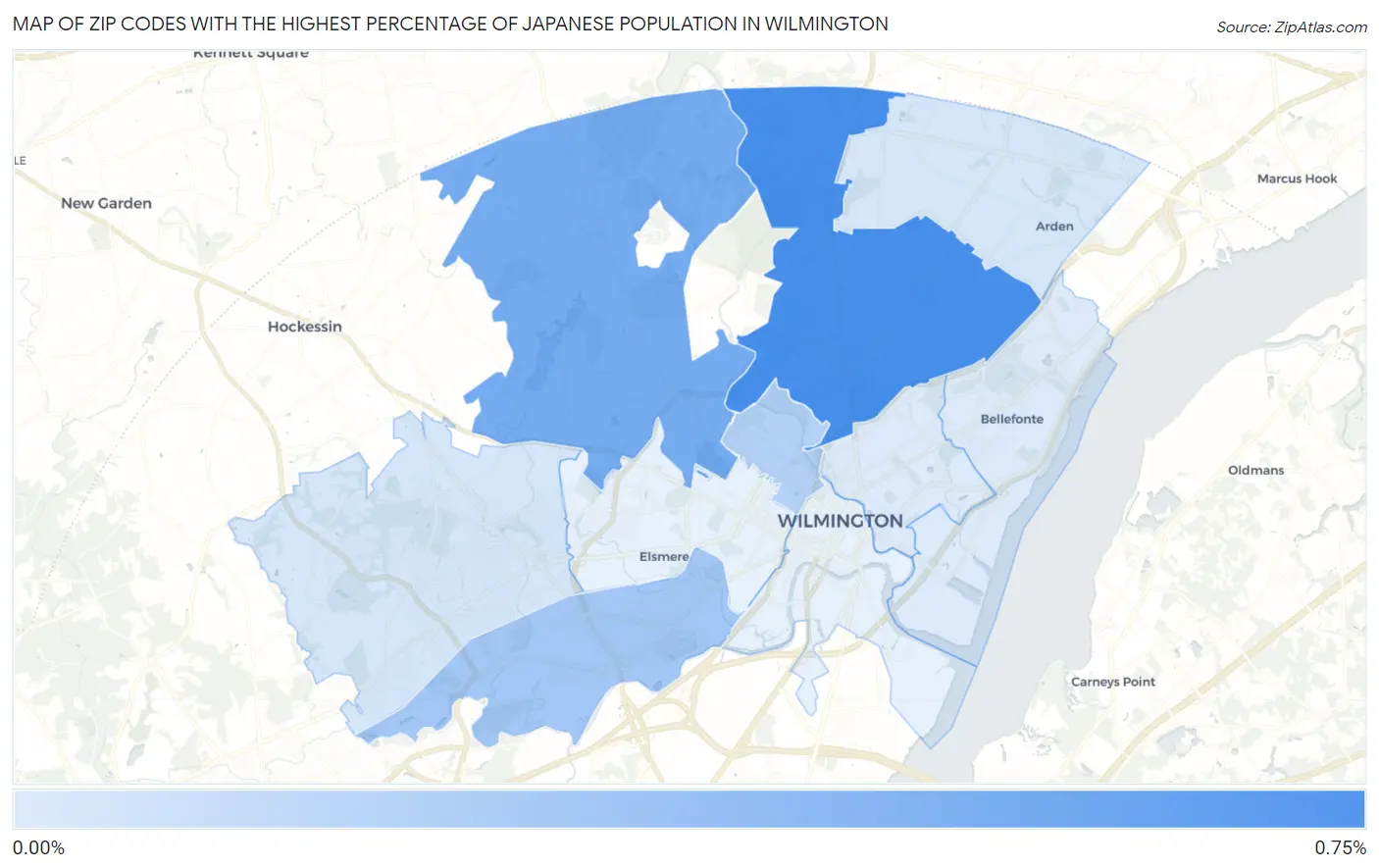 Zip Codes with the Highest Percentage of Japanese Population in Wilmington Map