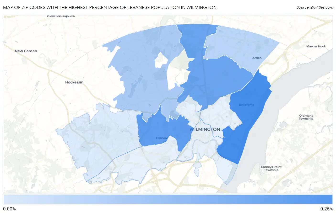 Zip Codes with the Highest Percentage of Lebanese Population in Wilmington Map