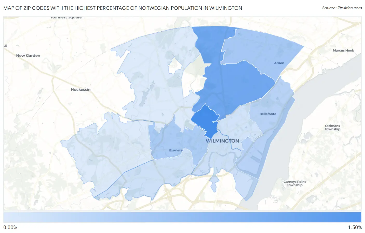 Zip Codes with the Highest Percentage of Norwegian Population in Wilmington Map