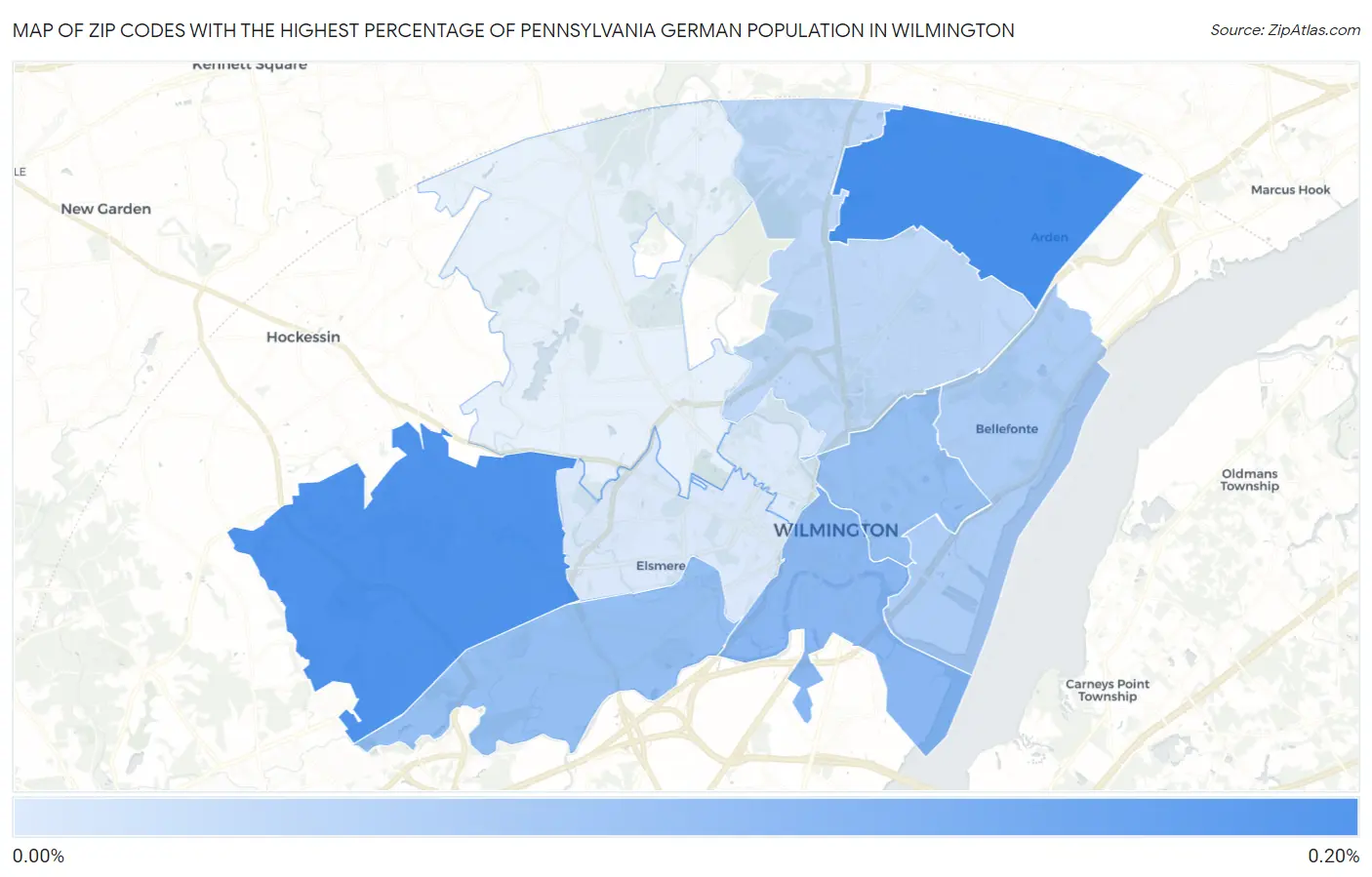 Zip Codes with the Highest Percentage of Pennsylvania German Population in Wilmington Map