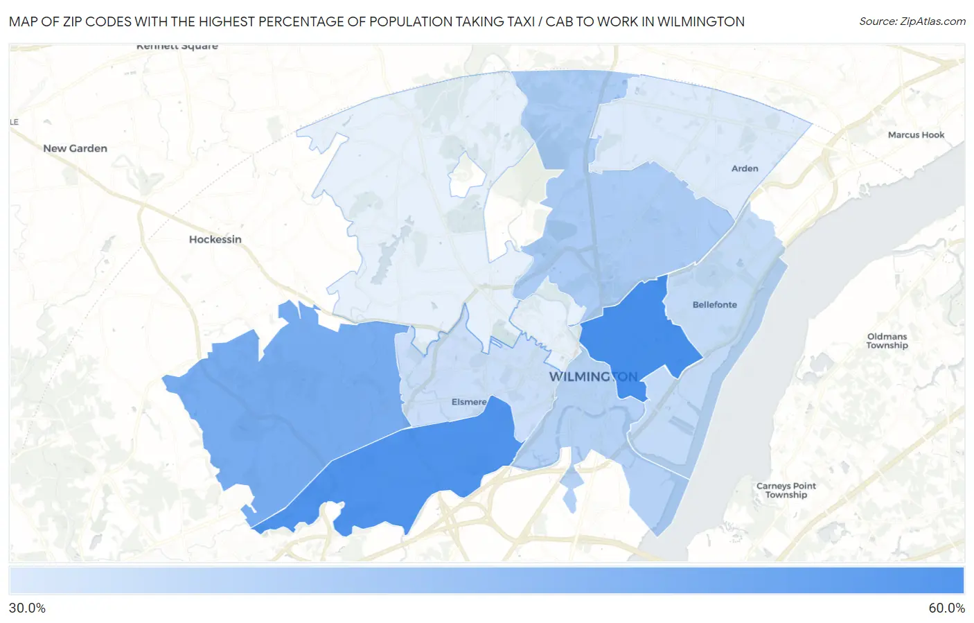 Zip Codes with the Highest Percentage of Population Taking Taxi / Cab to Work in Wilmington Map