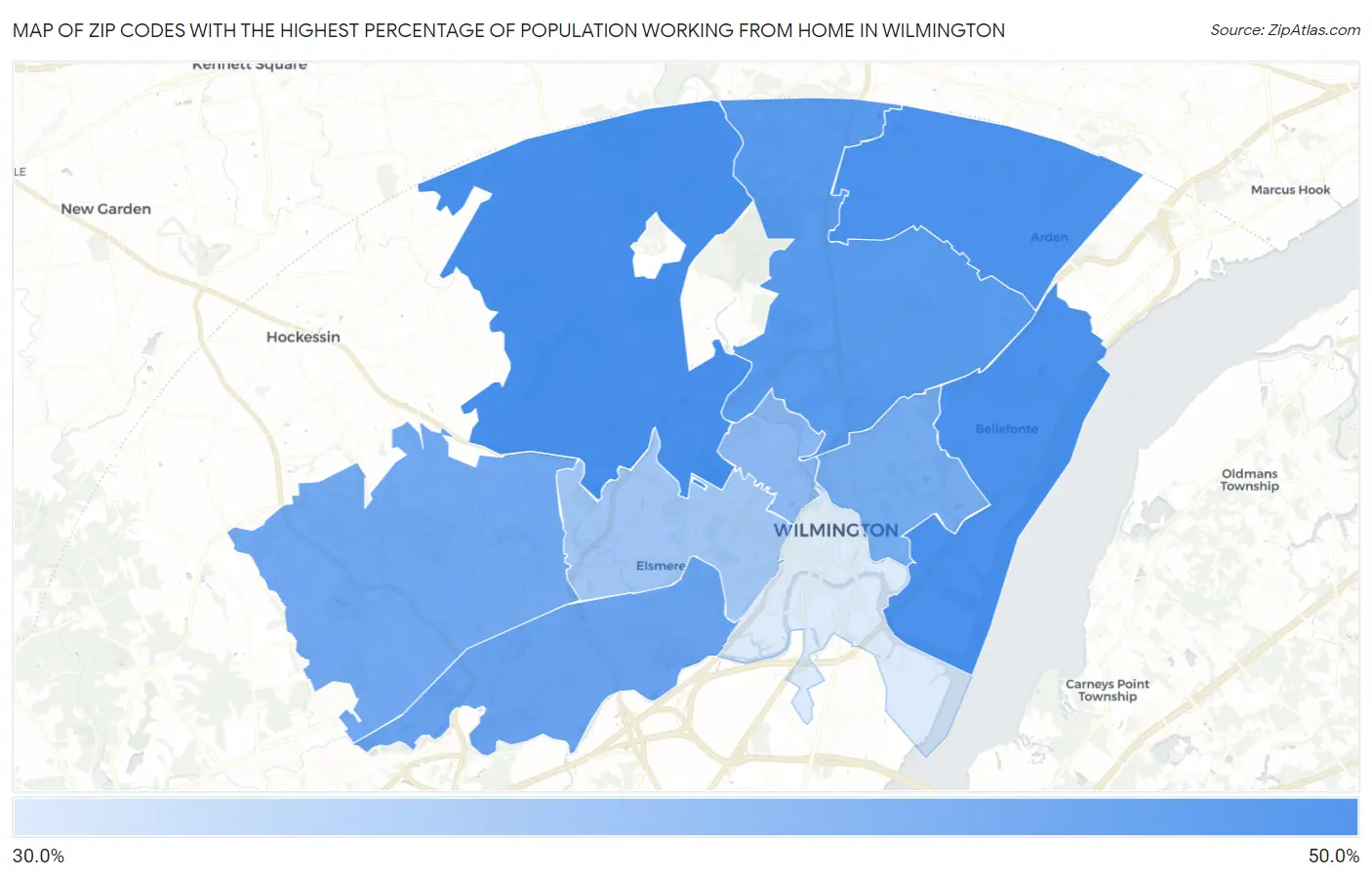 Zip Codes with the Highest Percentage of Population Working from Home in Wilmington Map