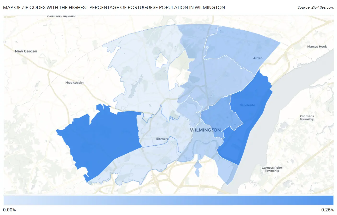 Zip Codes with the Highest Percentage of Portuguese Population in Wilmington Map