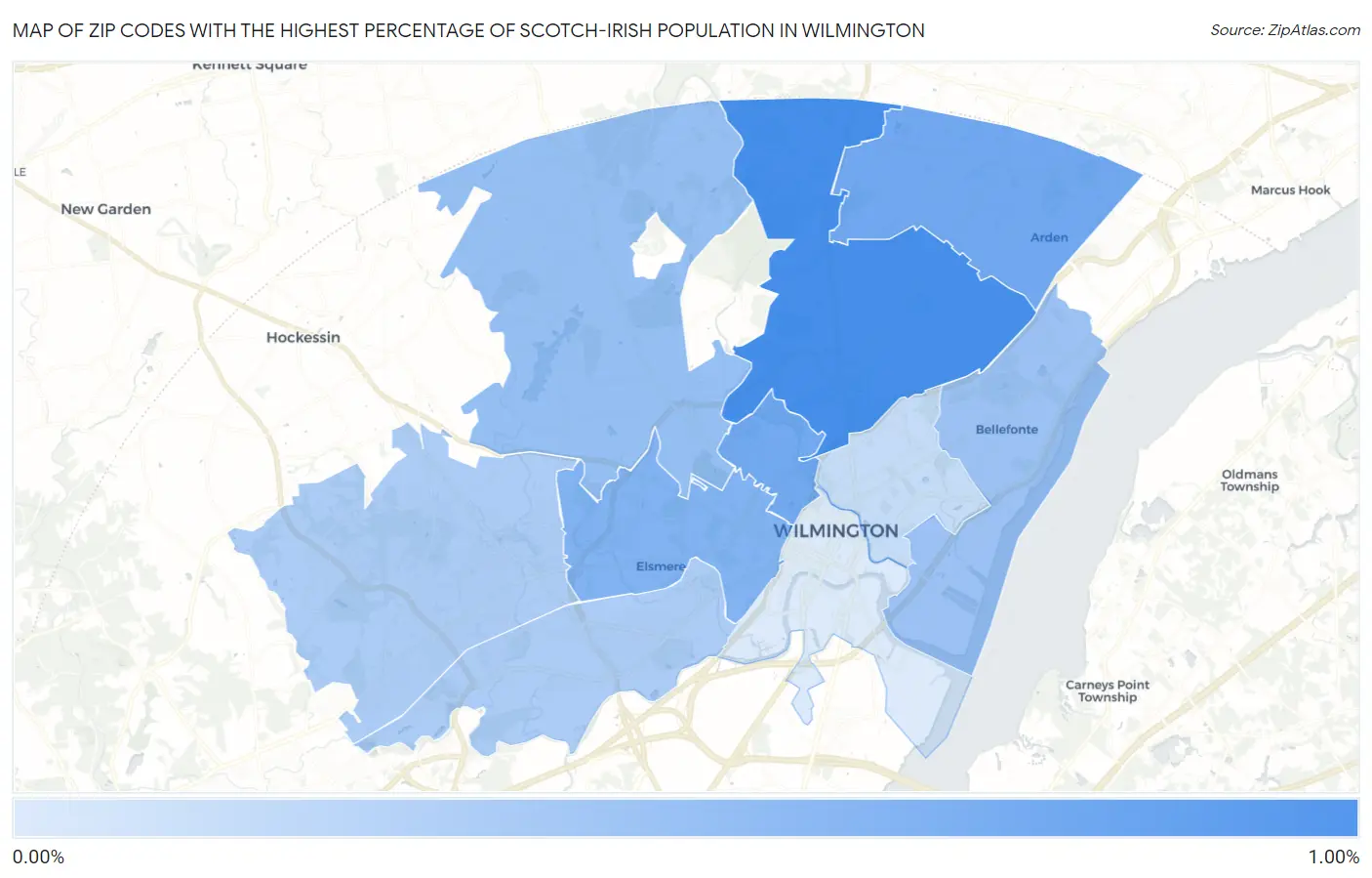 Zip Codes with the Highest Percentage of Scotch-Irish Population in Wilmington Map