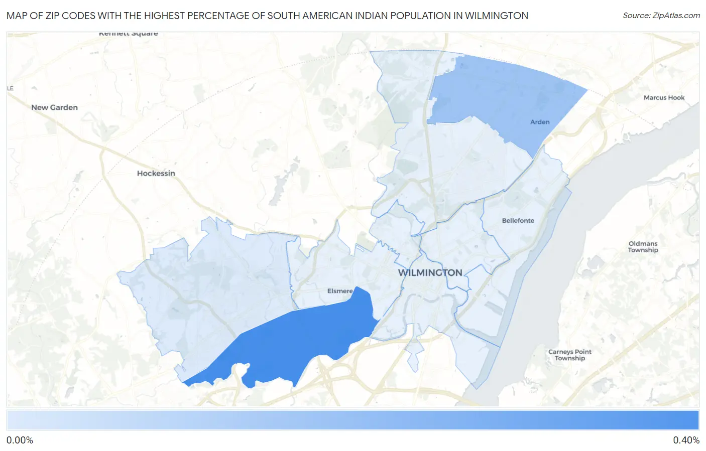 Zip Codes with the Highest Percentage of South American Indian Population in Wilmington Map