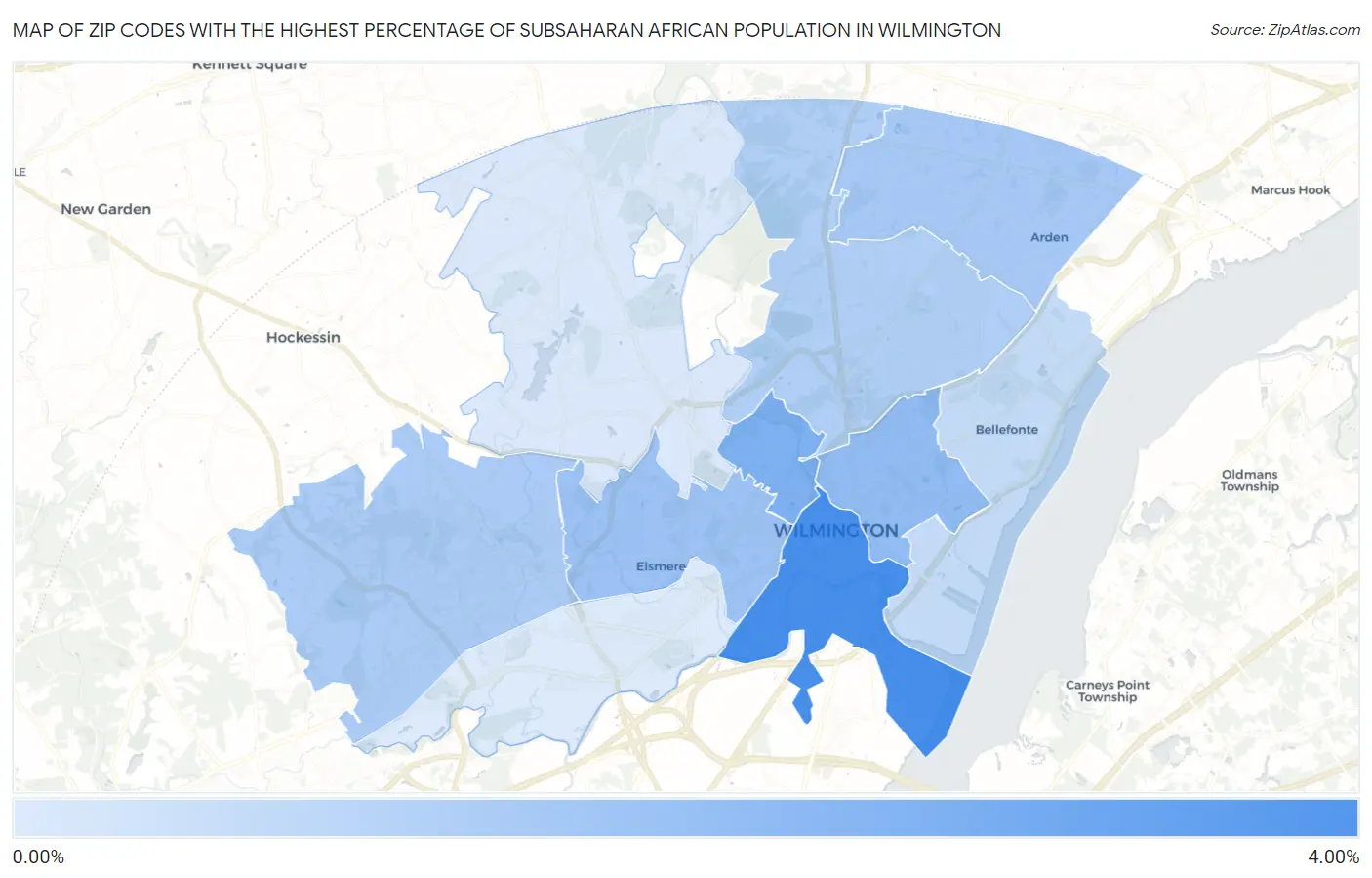 Zip Codes with the Highest Percentage of Subsaharan African Population in Wilmington Map