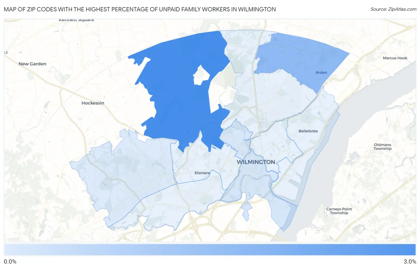 Zip Codes with the Highest Percentage of Unpaid Family Workers in Wilmington Map