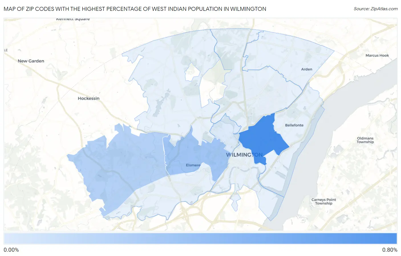 Zip Codes with the Highest Percentage of West Indian Population in Wilmington Map