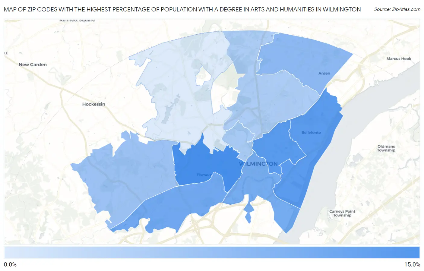 Zip Codes with the Highest Percentage of Population with a Degree in Arts and Humanities in Wilmington Map