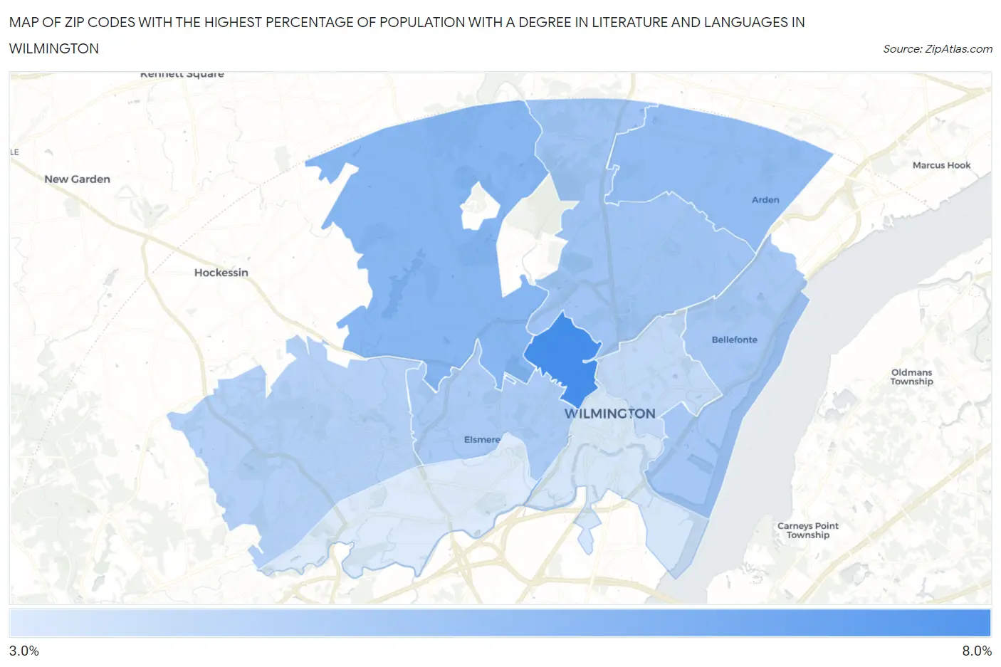 Zip Codes with the Highest Percentage of Population with a Degree in Literature and Languages in Wilmington Map