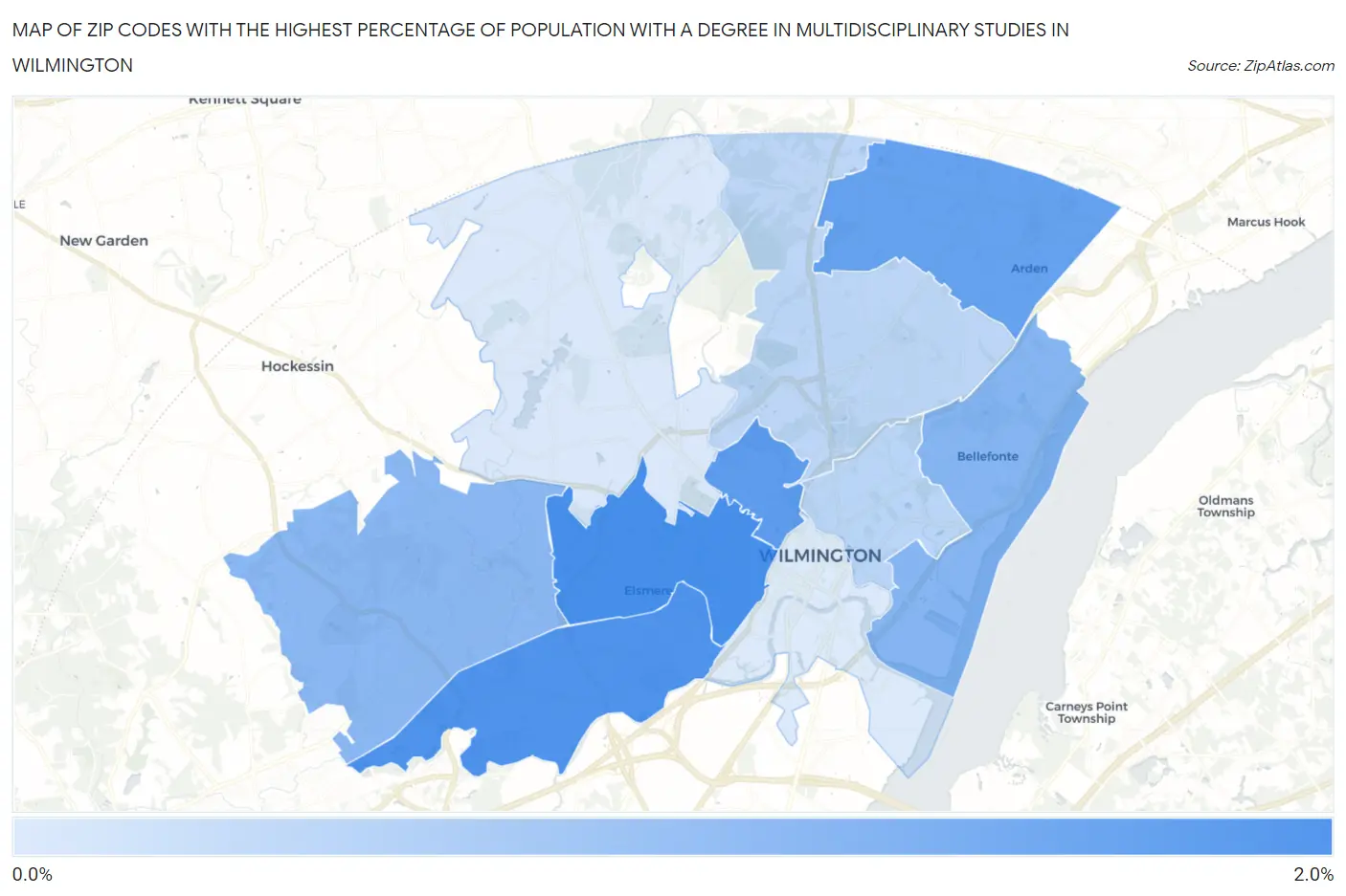 Zip Codes with the Highest Percentage of Population with a Degree in Multidisciplinary Studies in Wilmington Map