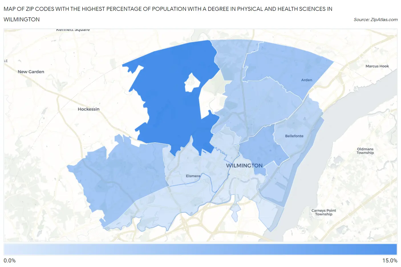 Zip Codes with the Highest Percentage of Population with a Degree in Physical and Health Sciences in Wilmington Map
