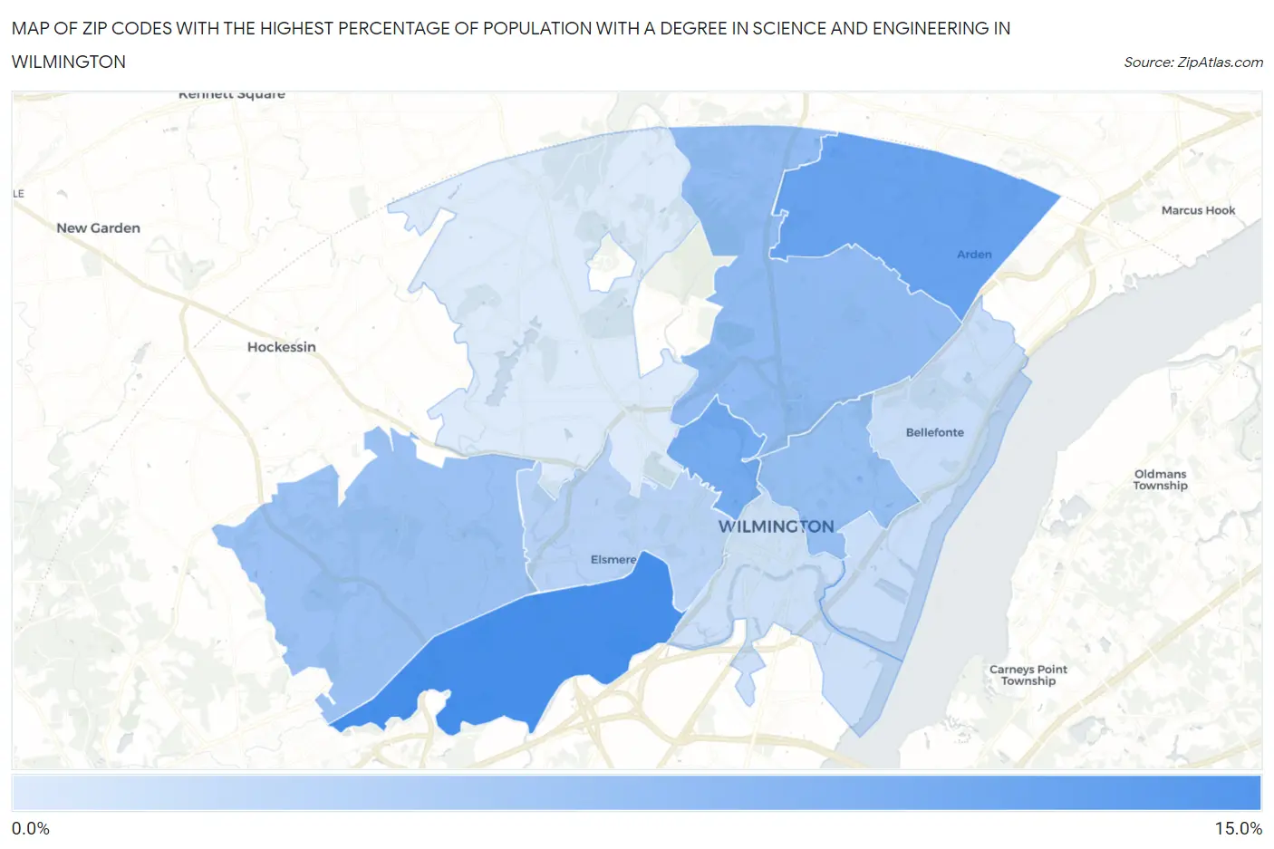 Zip Codes with the Highest Percentage of Population with a Degree in Science and Engineering in Wilmington Map