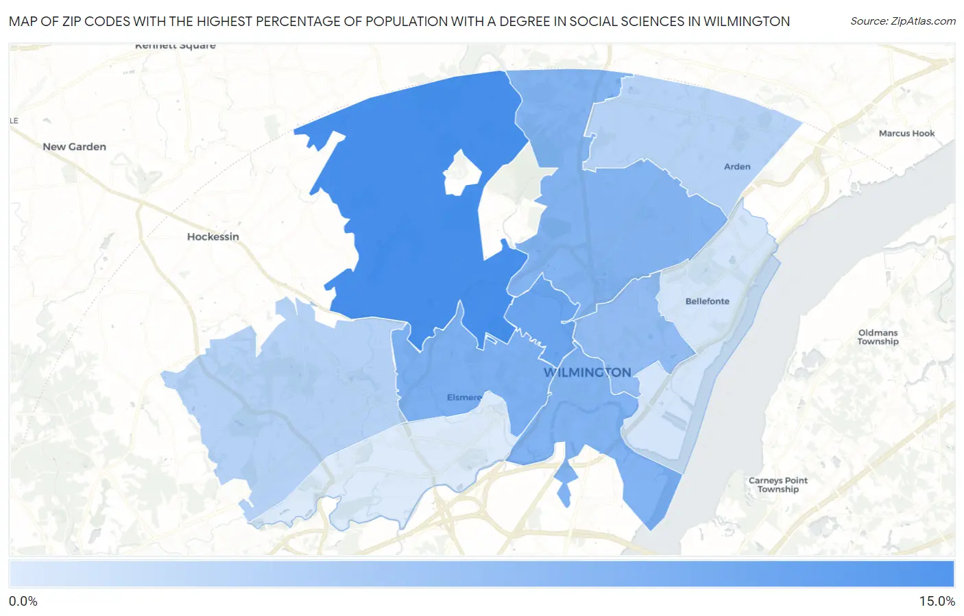 Zip Codes with the Highest Percentage of Population with a Degree in Social Sciences in Wilmington Map
