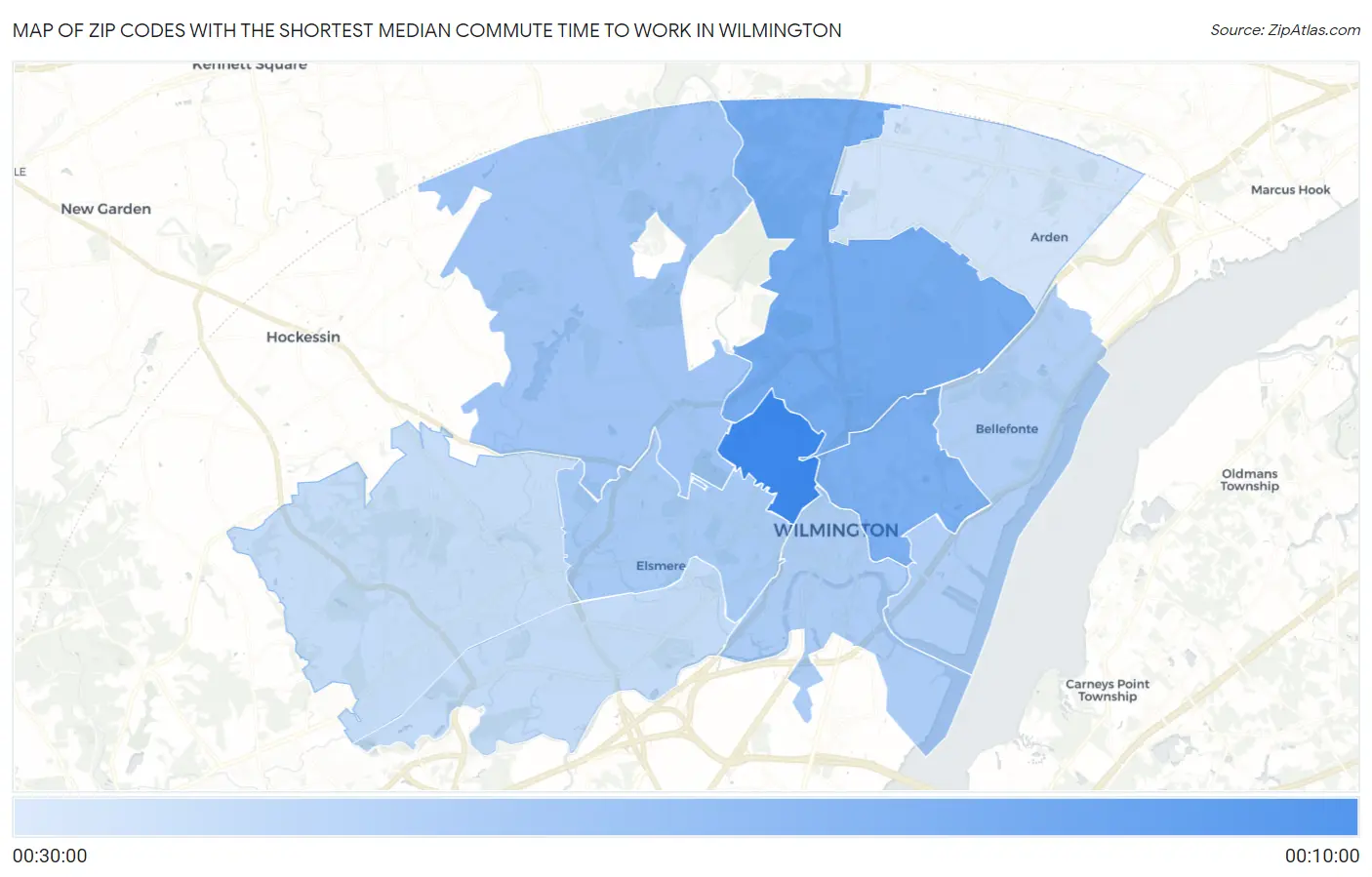 Zip Codes with the Shortest Median Commute Time to Work in Wilmington Map