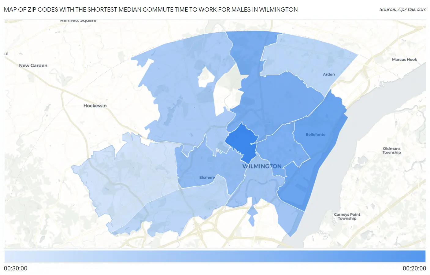 Zip Codes with the Shortest Median Commute Time to Work for Males in Wilmington Map