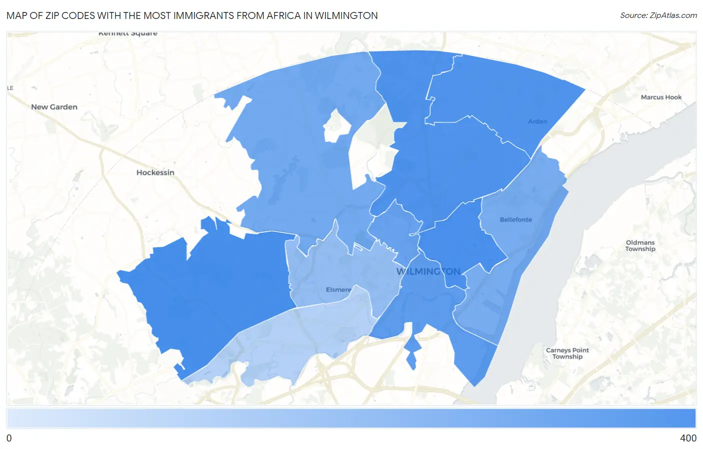 Zip Codes with the Most Immigrants from Africa in Wilmington Map